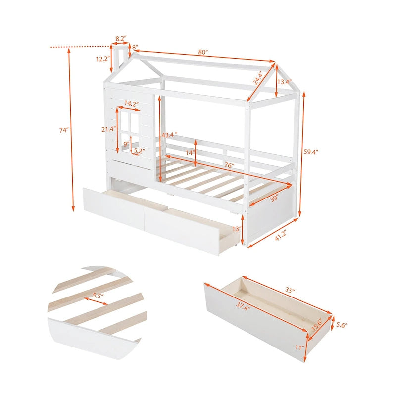 Twin Size Pine House Bed with Two Drawers, Guardrail and Window