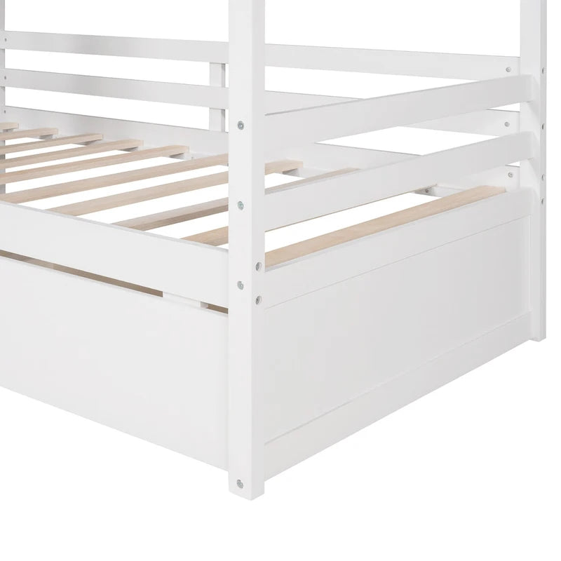 Twin Size Pine House Bed with Two Drawers, Guardrail and Window