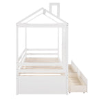 Twin Size Pine House Bed with Two Drawers, Guardrail and Window