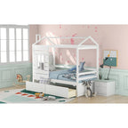 Twin Size Pine House Bed with Two Drawers, Guardrail and Window