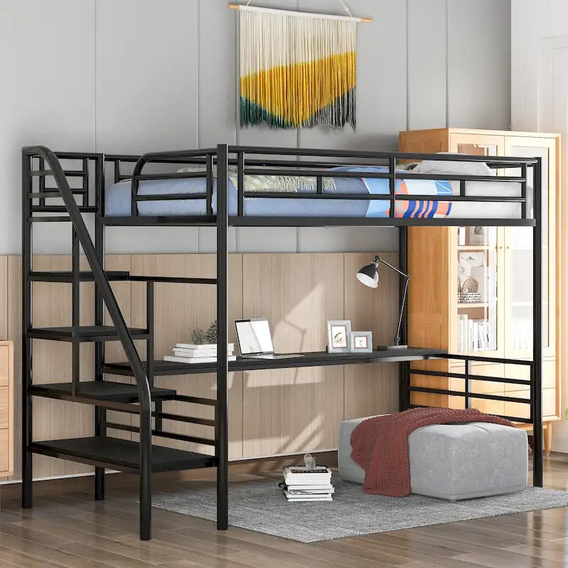 Twin Size Metal Loft Bed with Storage Staircase, Full-Length Desk and Guardrails