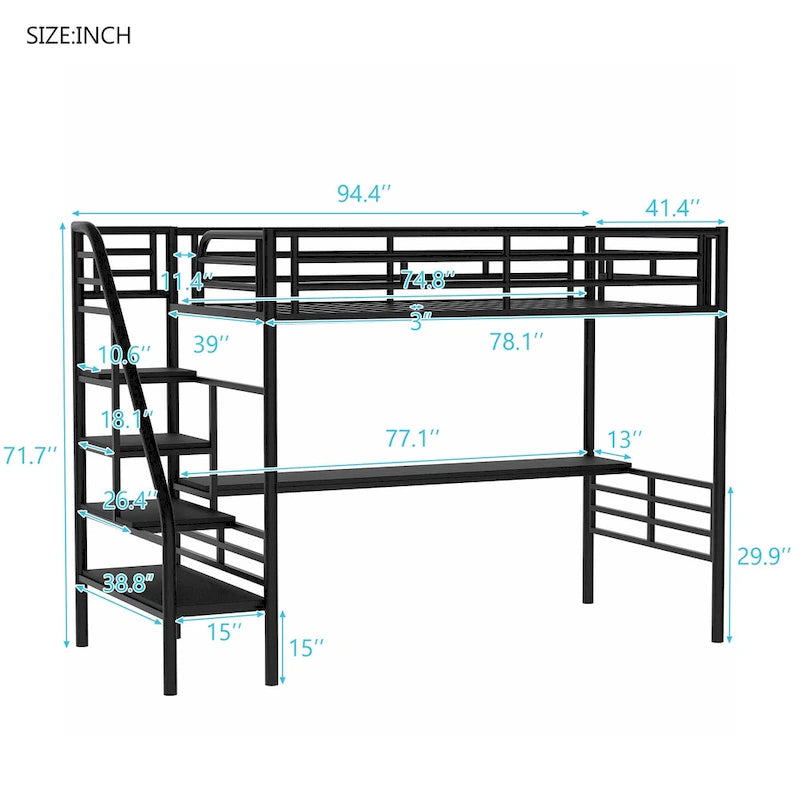 Twin Size Metal Loft Bed with Storage Staircase, Full-Length Desk and Guardrails