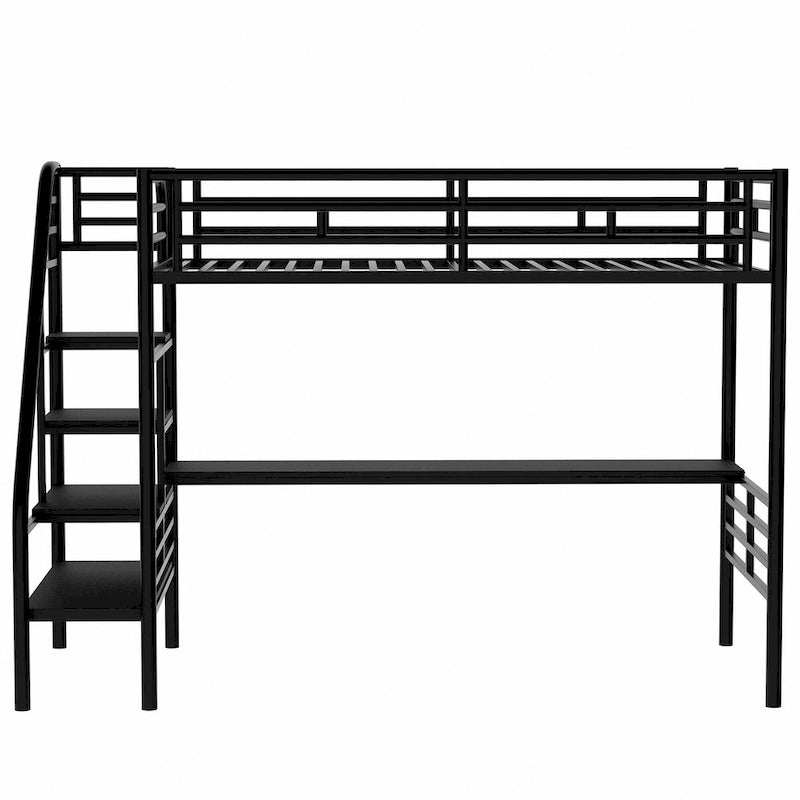Twin Size Metal Loft Bed with Storage Staircase, Full-Length Desk and Guardrails