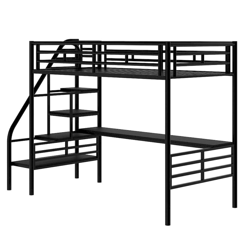 Twin Size Metal Loft Bed with Storage Staircase, Full-Length Desk and Guardrails