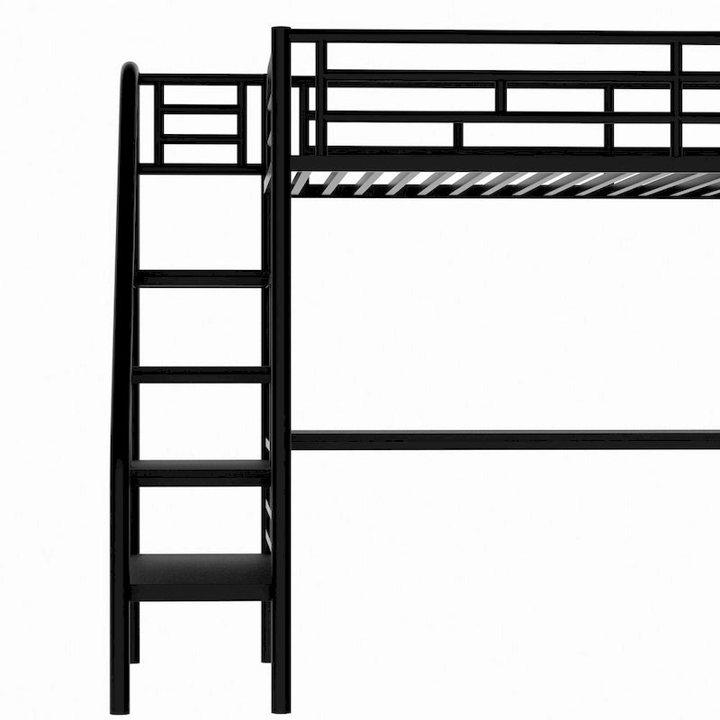 Twin Size Metal Loft Bed with Storage Staircase, Full-Length Desk and Guardrails