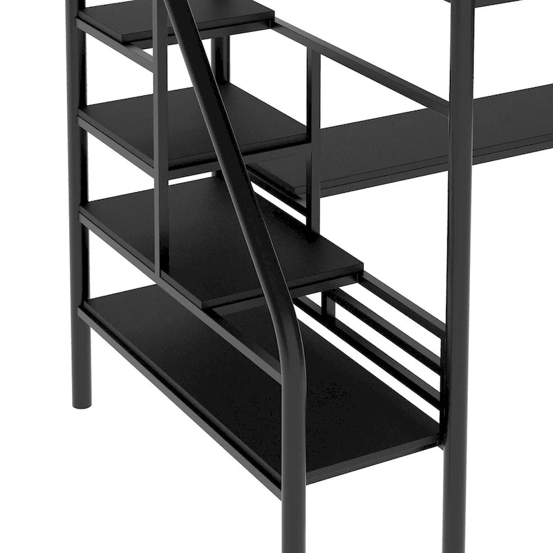 Twin Size Metal Loft Bed with Storage Staircase, Full-Length Desk and Guardrails