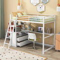 White Twin Metal Wood Loft Bed with Desk & Drawers