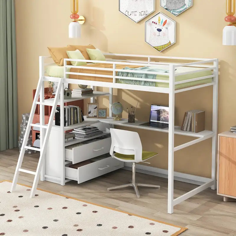 White Twin Metal Wood Loft Bed with Desk & Drawers