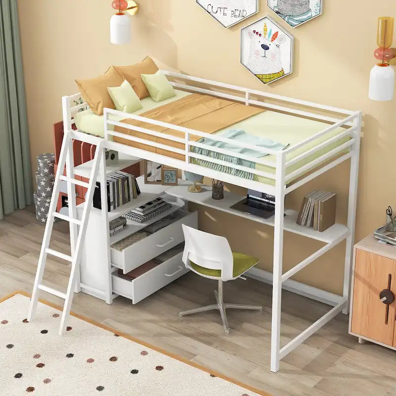 White Twin Metal Wood Loft Bed with Desk & Drawers