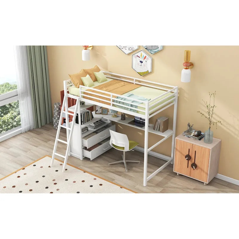 White Twin Metal Wood Loft Bed with Desk & Drawers