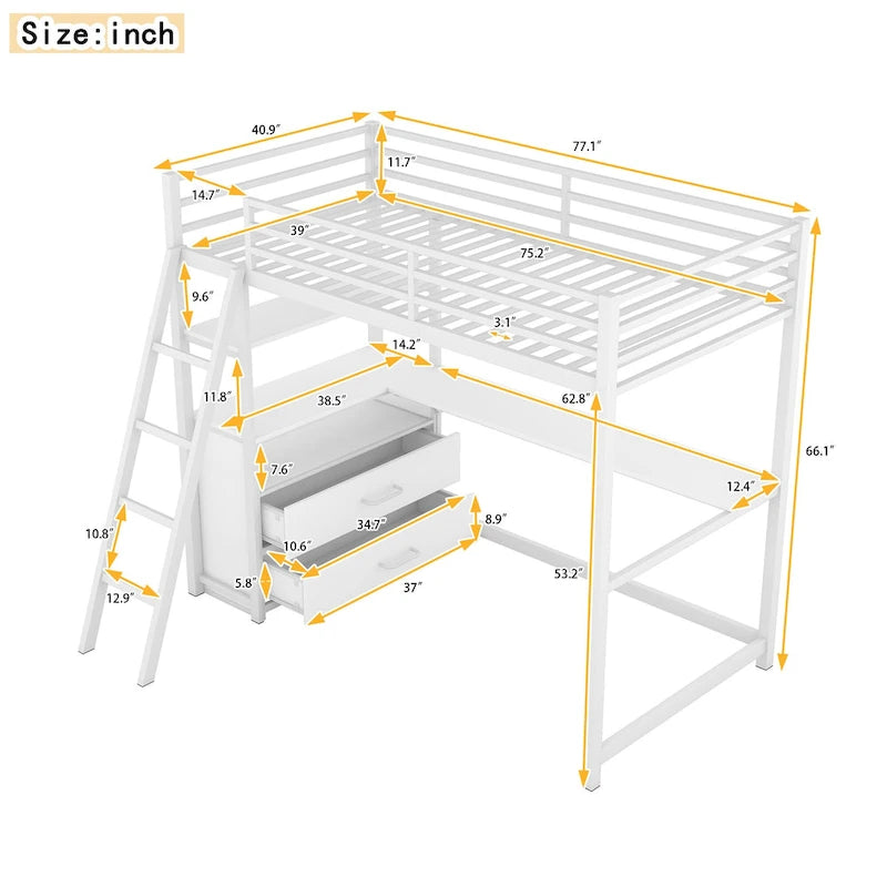 White Twin Metal Wood Loft Bed with Desk & Drawers
