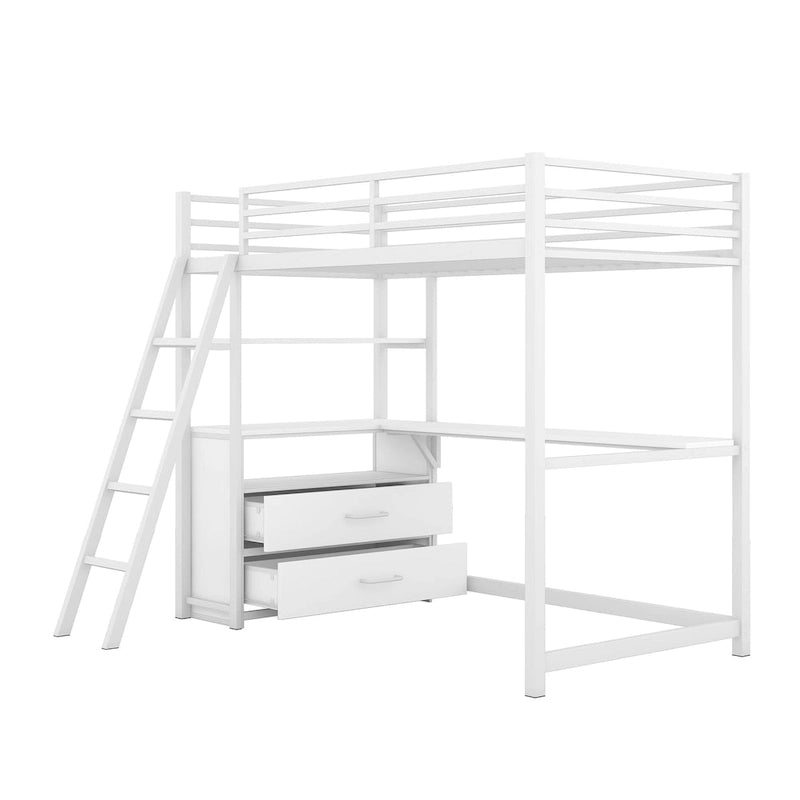 White Twin Metal Wood Loft Bed with Desk & Drawers