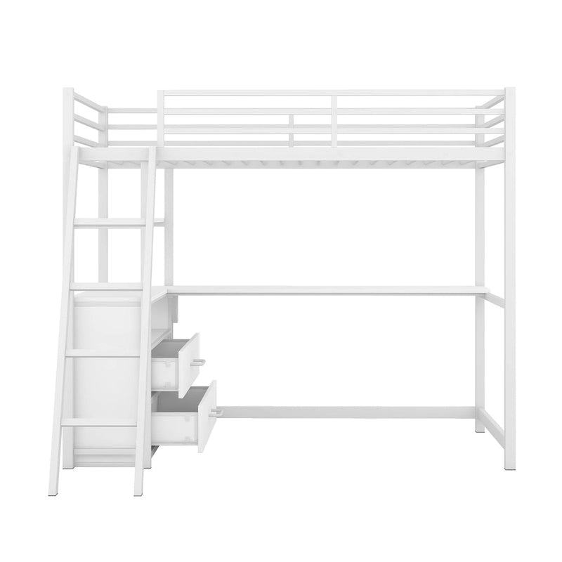 White Twin Metal Wood Loft Bed with Desk & Drawers