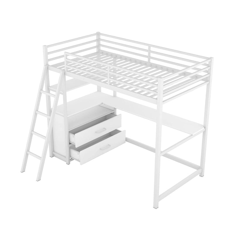 White Twin Metal Wood Loft Bed with Desk & Drawers