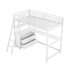 White Twin Metal Wood Loft Bed with Desk & Drawers