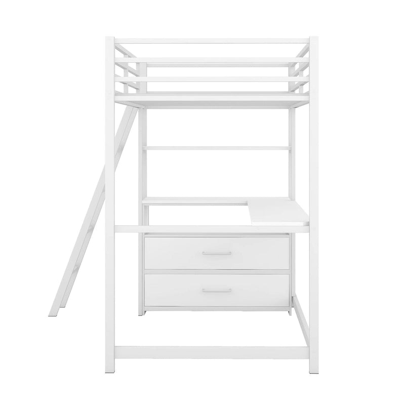 White Twin Metal Wood Loft Bed with Desk & Drawers