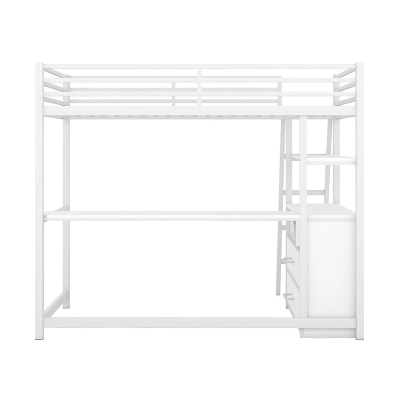 White Twin Metal Wood Loft Bed with Desk & Drawers