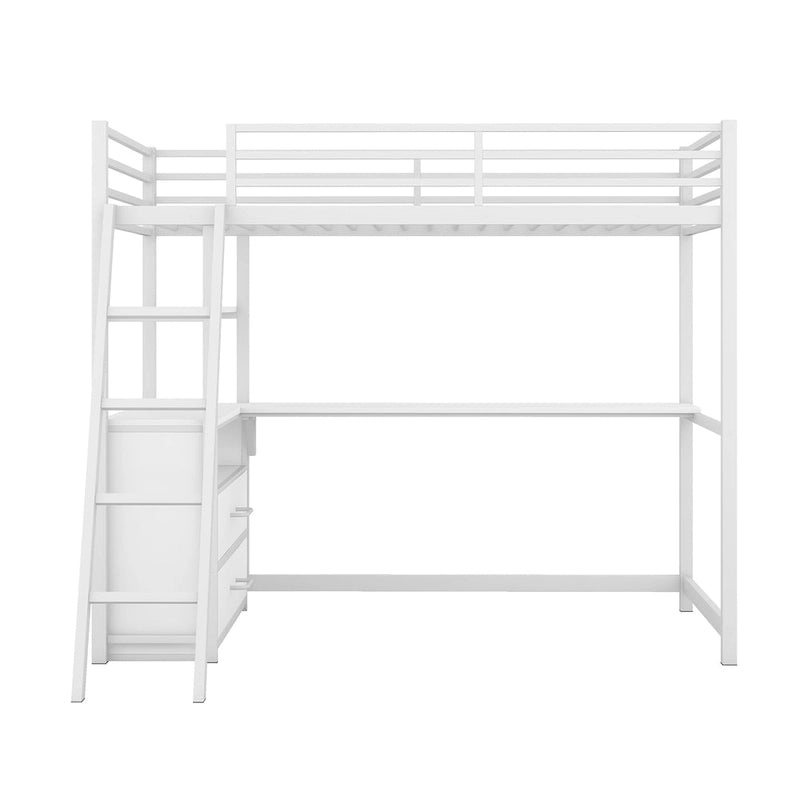 White Twin Metal Wood Loft Bed with Desk & Drawers