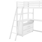 White Twin Metal Wood Loft Bed with Desk & Drawers