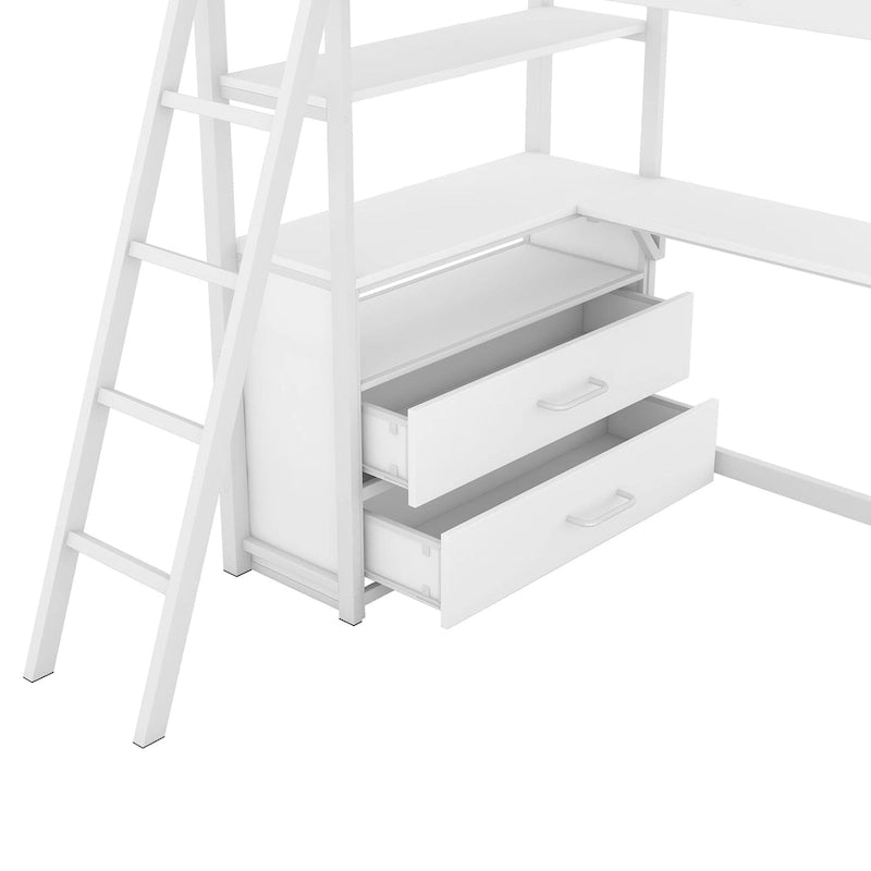 White Twin Metal Wood Loft Bed with Desk & Drawers