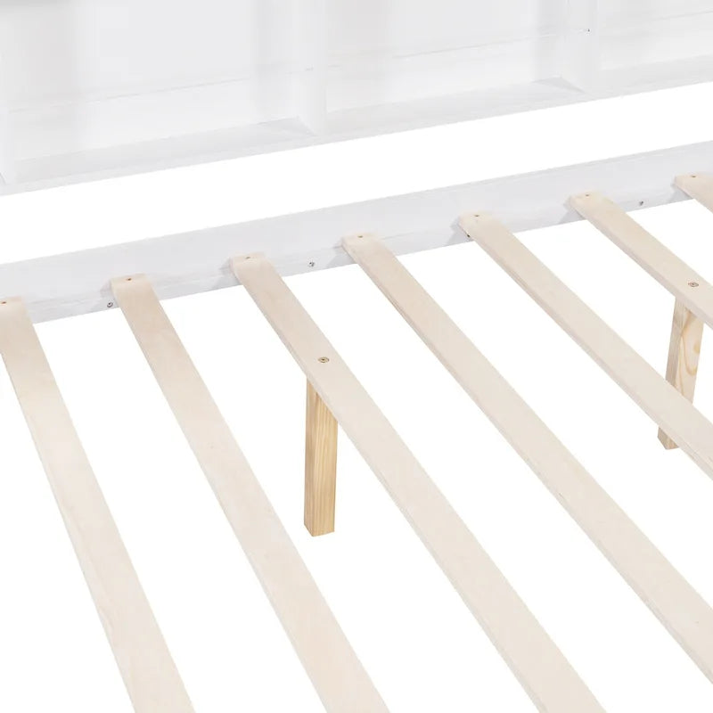 White Full Size Pinewood Kids House Bed with Trundle, Shelf & Roof