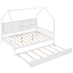 White Full Size Pinewood Kids House Bed with Trundle, Shelf & Roof