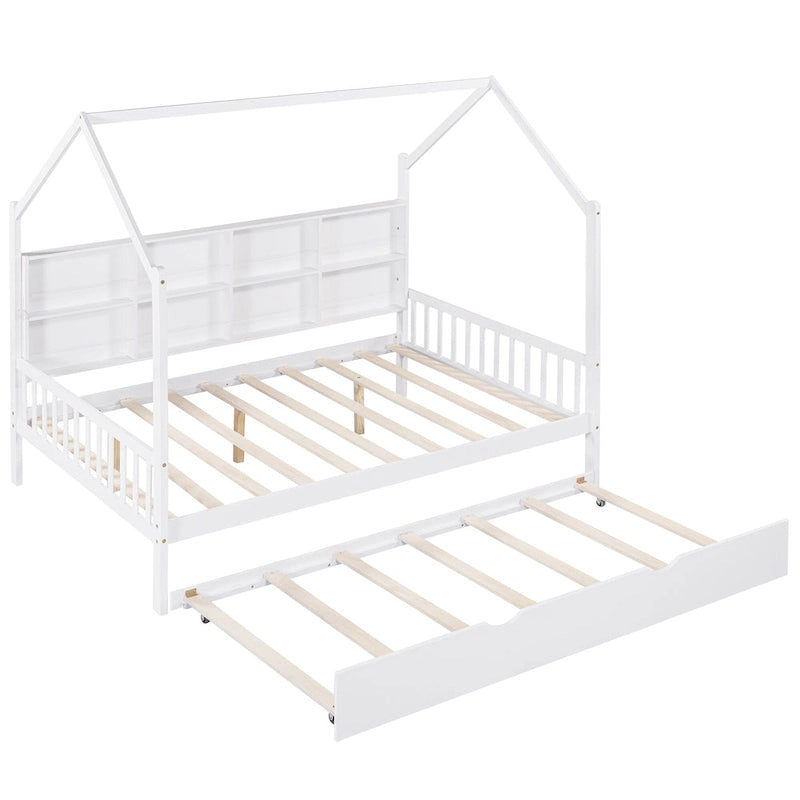 White Full Size Pinewood Kids House Bed with Trundle, Shelf & Roof
