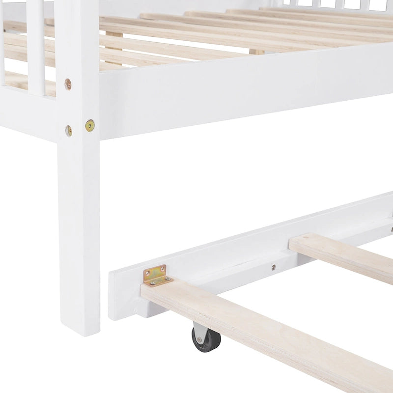 White Full Size Pinewood Kids House Bed with Trundle, Shelf & Roof