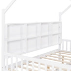 White Full Size Pinewood Kids House Bed with Trundle, Shelf & Roof
