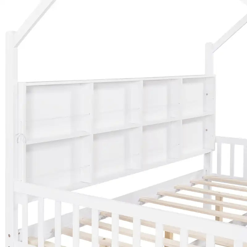 White Full Size Pinewood Kids House Bed with Trundle, Shelf & Roof
