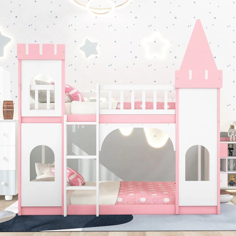 Twin over Twin Solid Pine Castle Bunk Bed with Door, Windows and Guardrails