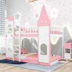 Twin over Twin Solid Pine Castle Bunk Bed with Door, Windows and Guardrails