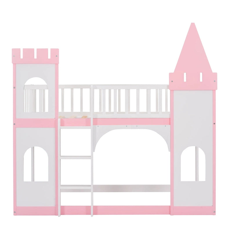 Twin over Twin Solid Pine Castle Bunk Bed with Door, Windows and Guardrails