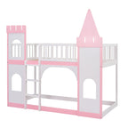Twin over Twin Solid Pine Castle Bunk Bed with Door, Windows and Guardrails