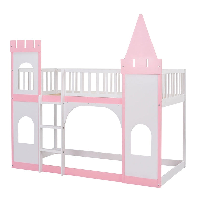 Twin over Twin Solid Pine Castle Bunk Bed with Door, Windows and Guardrails