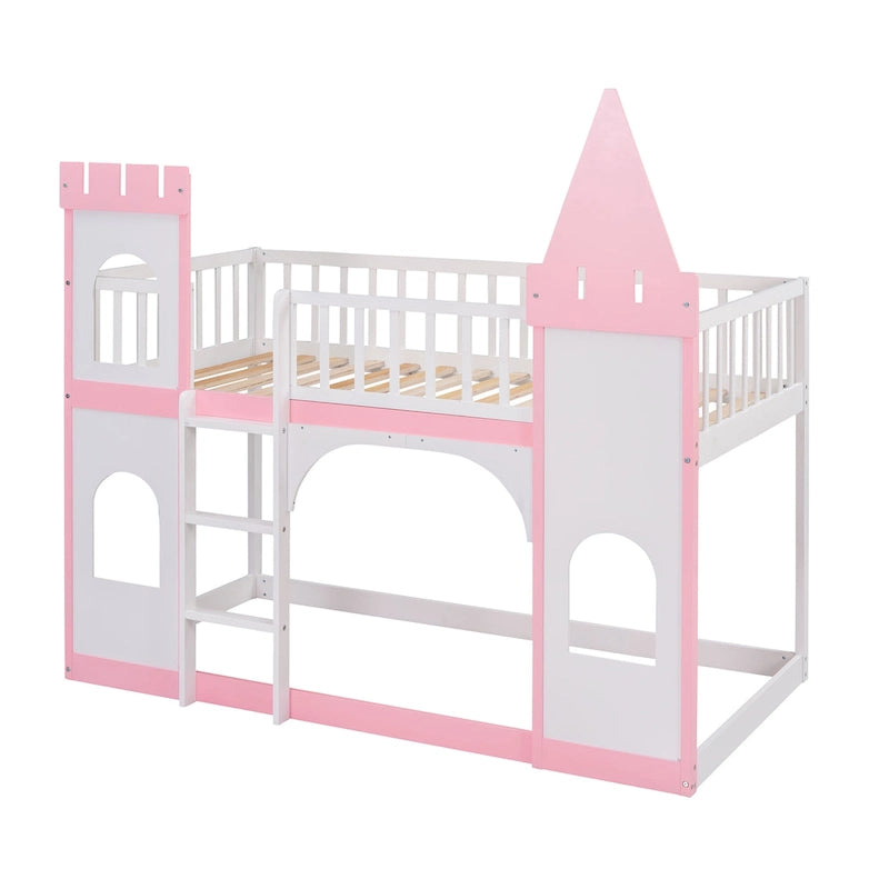 Twin over Twin Solid Pine Castle Bunk Bed with Door, Windows and Guardrails