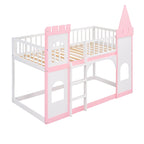 Twin over Twin Solid Pine Castle Bunk Bed with Door, Windows and Guardrails