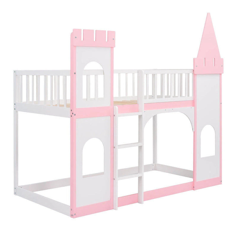 Twin over Twin Solid Pine Castle Bunk Bed with Door, Windows and Guardrails