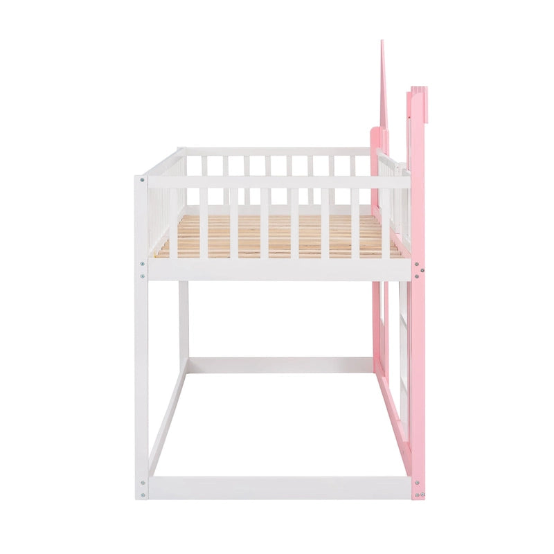 Twin over Twin Solid Pine Castle Bunk Bed with Door, Windows and Guardrails