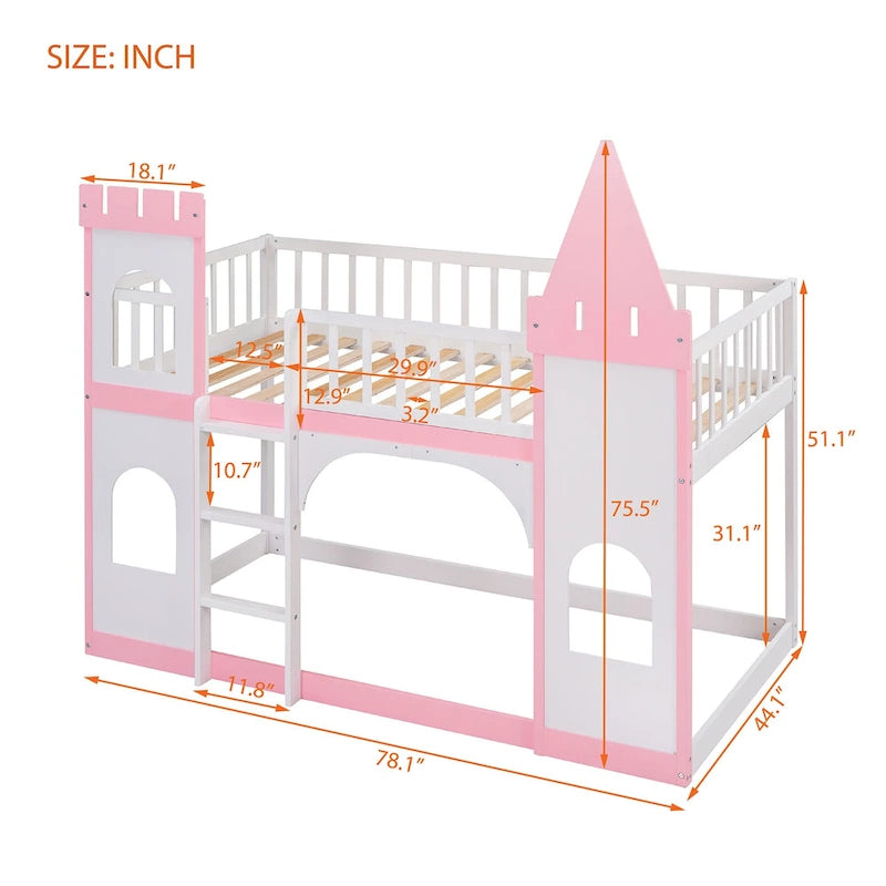Twin over Twin Solid Pine Castle Bunk Bed with Door, Windows and Guardrails