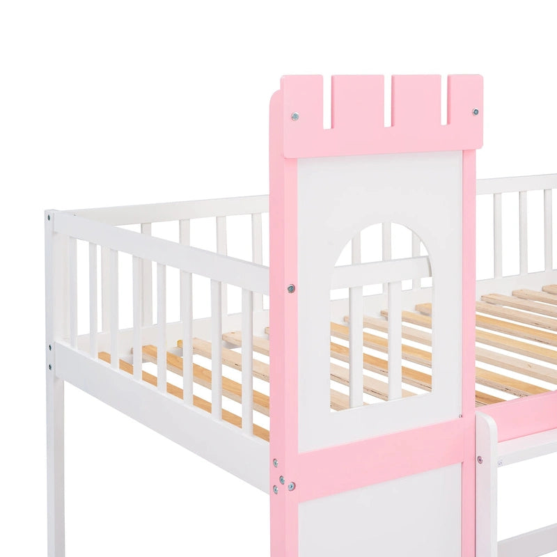 Twin over Twin Solid Pine Castle Bunk Bed with Door, Windows and Guardrails