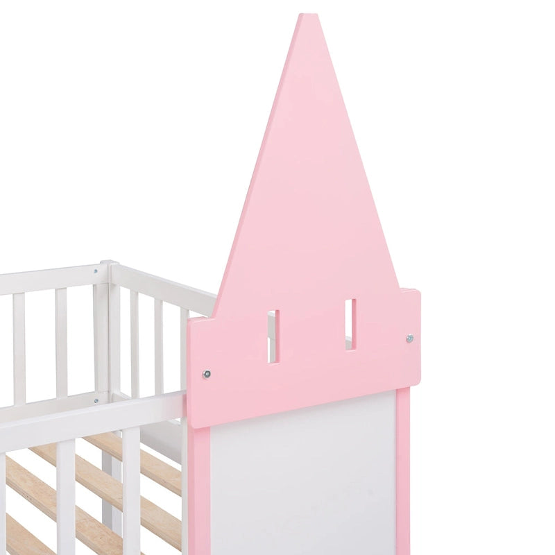 Twin over Twin Solid Pine Castle Bunk Bed with Door, Windows and Guardrails