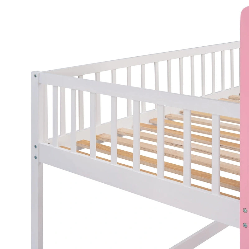 Twin over Twin Solid Pine Castle Bunk Bed with Door, Windows and Guardrails