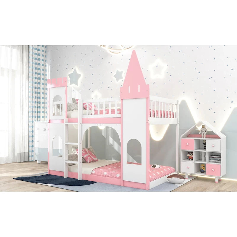 Twin over Twin Solid Pine Castle Bunk Bed with Door, Windows and Guardrails