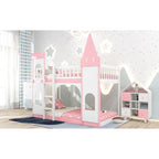 Twin over Twin Solid Pine Castle Bunk Bed with Door, Windows and Guardrails