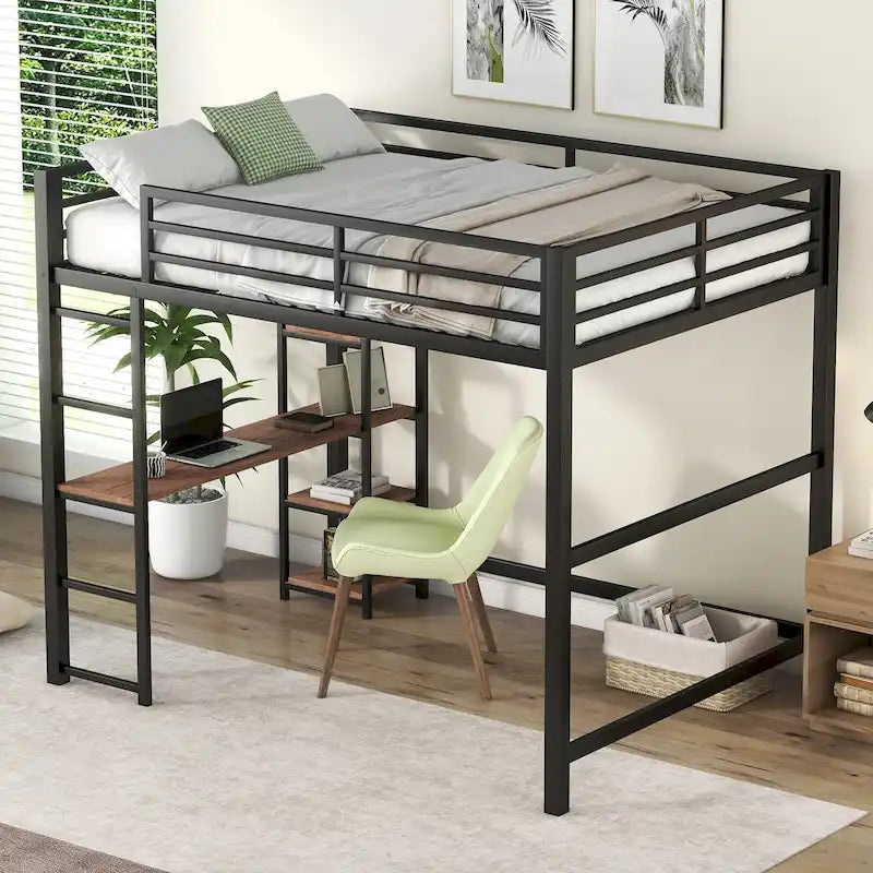 Full Size Metal Loft Bed with Built-in Desk and 4-Tier Storage Shelves