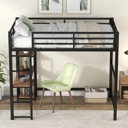 Full Size Metal Loft Bed with Built-in Desk and 4-Tier Storage Shelves