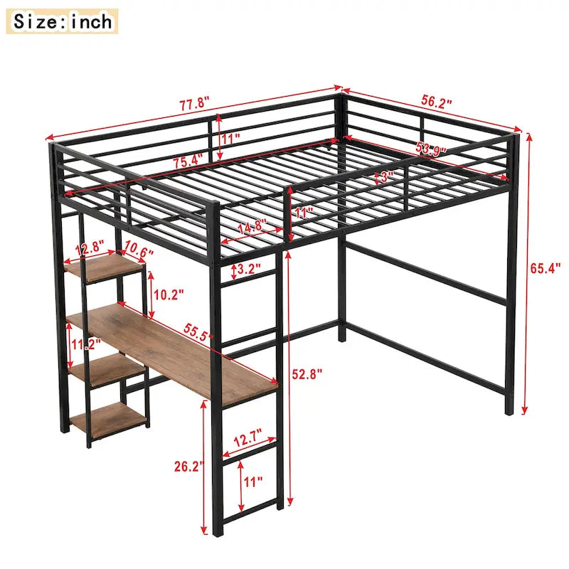 Full Size Metal Loft Bed with Built-in Desk and 4-Tier Storage Shelves
