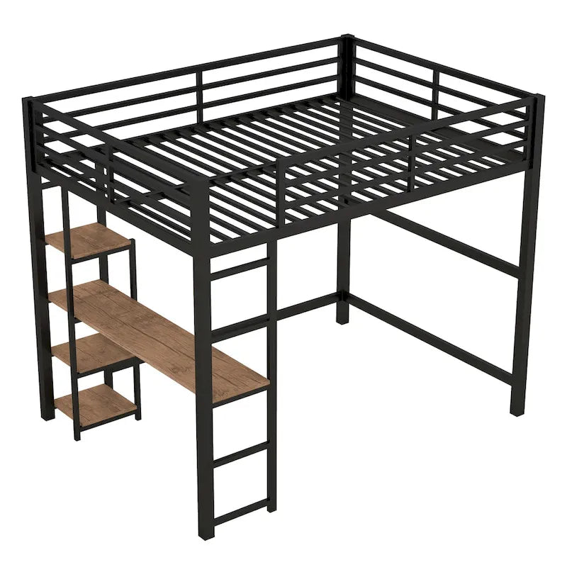 Full Size Metal Loft Bed with Built-in Desk and 4-Tier Storage Shelves