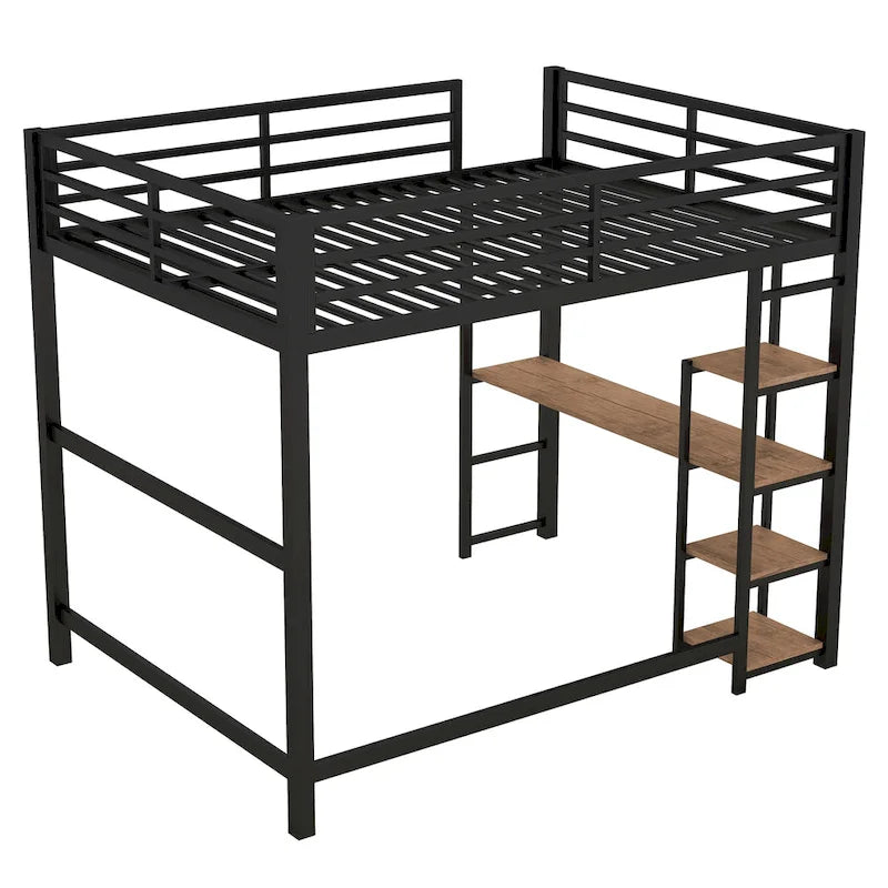 Full Size Metal Loft Bed with Built-in Desk and 4-Tier Storage Shelves